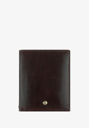 Portafoglio in pelle marrone con una texture liscia, angoli arrotondati e cuciture visibili. Caratterizzato da un accento in tono oro vicino all'angolo inferiore.