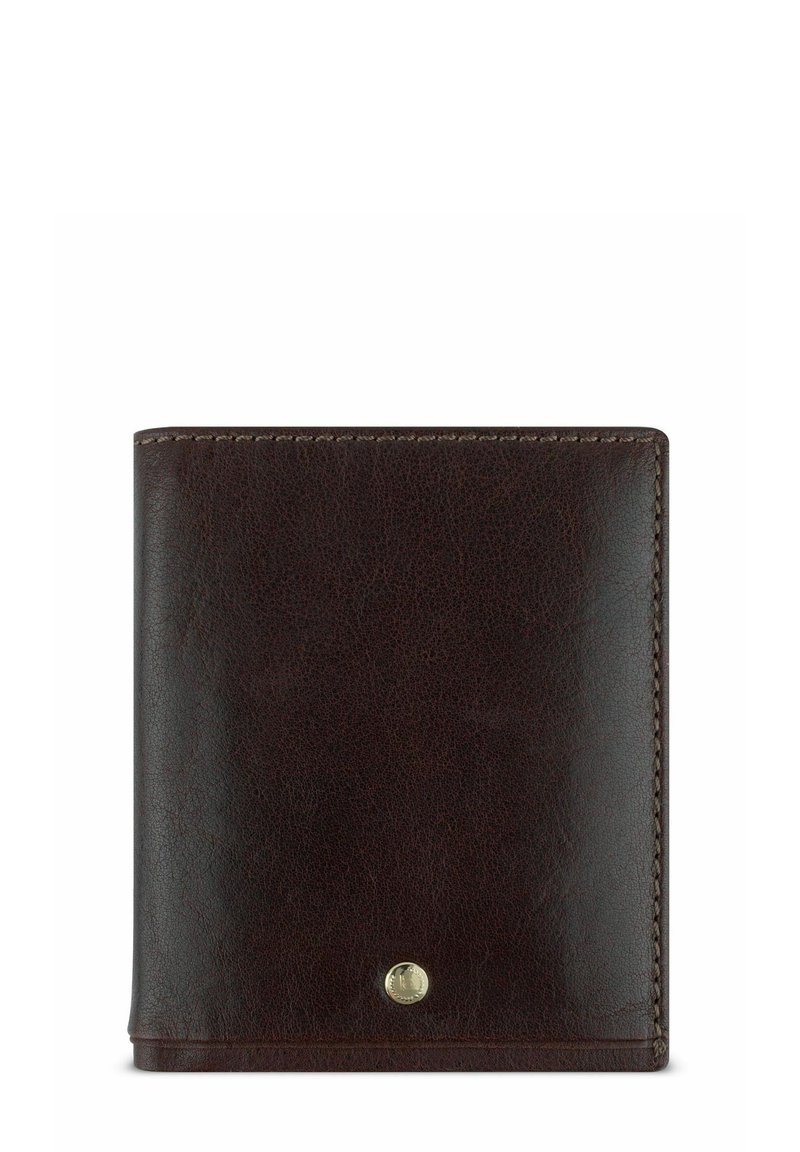 Bruine leren portemonnee met een gladde textuur, afgeronde hoeken en zichtbare stiksels. Kenmerkt een goudkleurige accent nabij de onderste hoek.