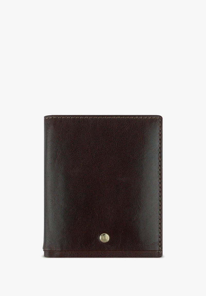 Bruine leren portemonnee met een gladde textuur, afgeronde hoeken en zichtbare stiksels. Kenmerkt een goudkleurige accent nabij de onderste hoek.