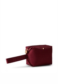 Burgundy zippered bag with a textured surface, gold hardware, and a fabric strap featuring the word "BODE." Square shape with rounded edges.