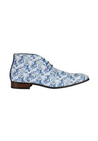 Men's ankle boot in light blue fabric, featuring a floral pattern in darker blue, lace-up design, and a brown wooden heel.