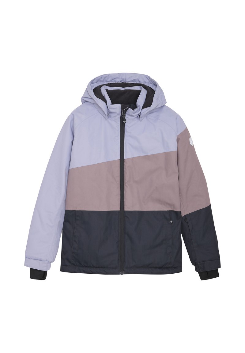 Color-blocked jacket featuring a light purple top section, a taupe middle band, and a dark navy bottom. Hood and zip closure, with cuff details.