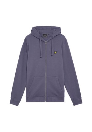 Paarse zip-up hoodie met een buidelzak, verstelbare capuchon met trekkoord, en een klein geel logo op de borst. Zachte stoftextuur.