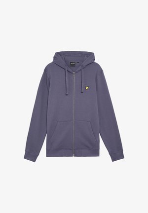 Paarse zip-up hoodie met een buidelzak, verstelbare capuchon met trekkoord, en een klein geel logo op de borst. Zachte stoftextuur.