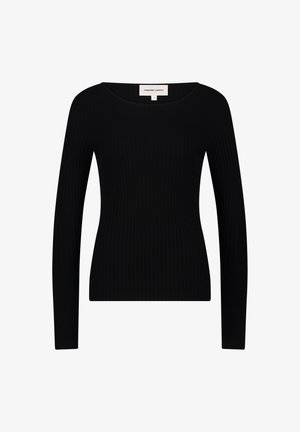 Zwarte, langmouwige geribbelde gebreide top met een ronde halslijn en een aansluitende silhouet, weergegeven op een witte achtergrond.