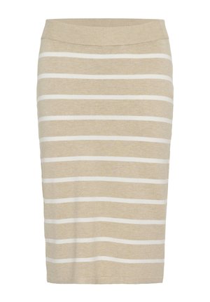 Gonna a matita lavorata a maglia in beige con strisce orizzontali bianche. Presenta una vita larga. Texture liscia e forma aderente che arriva fino al ginocchio.
