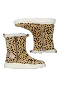Botas de tobillo de piel de leopardo con borde de piel sintética blanca, cremallera lateral y un pequeño detalle en forma de corazón metálico en el lado exterior. Suela de goma flexible.