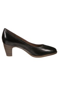 Black leather pump with a rounded toe, mid-height curved heel, and stitched detailing along the upper edge. Textured brown heel accent.