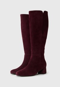 Bordeaux suede laarzen tot de knie met een chunky hak, een zachte textuur en een afgeronde neuspunt. Geen zichtbare hardware of patronen.