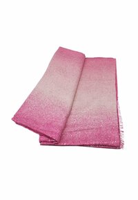 Sciarpa ombre rosa piegata con punteggiature glitterate e bordi frangiati su uno sfondo bianco.
