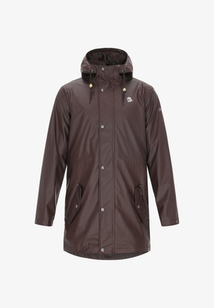 Brązowy wodoodporny płaszcz przeciwdeszczowy z kapturem, z zatrzaskami, dwiema bocznymi kieszeniami i subtelnym detalem logo na górnej lewej części klatki piersiowej.
