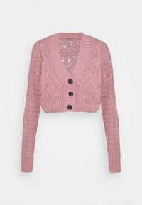 Beskuren rosa stickad cardigan med v-ringning, strukturerade mönster och tre svarta knappar framtill. Långa ärmar med ribbade muddar.