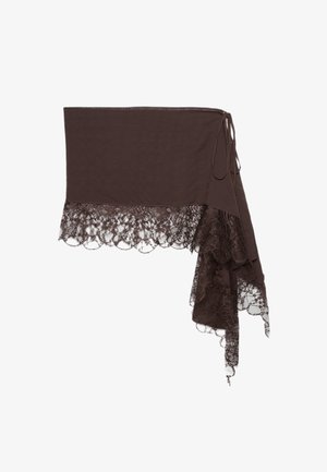 Temno rjava asimetrična krila z čipkastim robom ob spodnjem robu in strani, z zapiranjem na ovijanje s trakom.