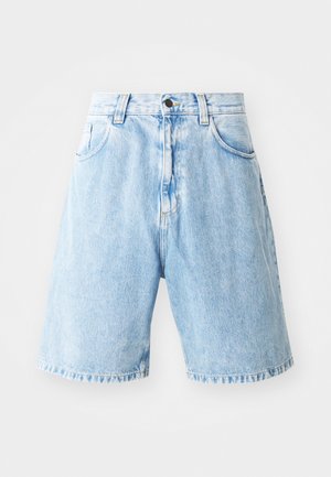 Light blue denim shorts with a high waist, featuring two front pockets, a button closure, and frayed hem detailing. Casual fit design.