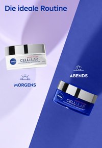 Two NIVEA cream jars on a gradient background. A white jar labeled “CELLULAR” for daytime use, and a blue jar for nighttime use. Silver lids.