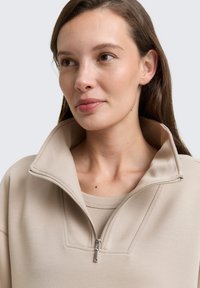 Beige half-zip pullover gemaakt van zacht stof. Voorzien van een gestructureerde kraag en een kleine ritssluiting met metalen hardware. Gladde textuur en casual pasvorm.