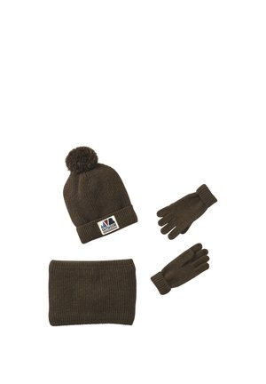 Dark brown knit hat with pompom and label, matching gloves, and neck warmer laid out on white background.