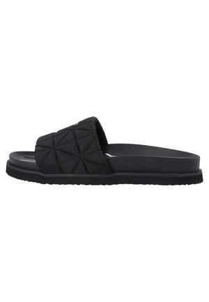 Sandales slides noires en tissu matelassé avec un motif géométrique, dotées d'une semelle en caoutchouc lisse et d'une large bride couvrant le pied.