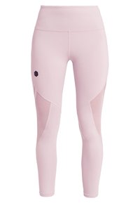 Ljust rosa leggings gjorda av stretcht material, med hög midja, meshdetaljer och en geometrisk logotypdetalj på sidan.