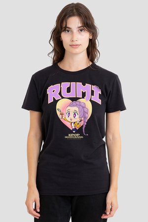 Woman wearing a black T-shirt with a cartoon girl holding a cup and chopsticks, purple text "RUMI," and "K-Pop Demon Hunters" below.