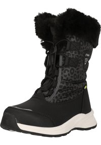 Botte d'hiver noire avec tige imprimé léopard, bord en fausse fourrure, laçage à cordon et semelle blanche conçue pour temps froid.