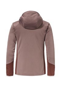 Langärmlige Kapuzenjacke in gedecktem Mauve mit dunkelbraunen Akzenten. Hergestellt aus strukturiertem Stoff, mit nahtlosen Schultern und geschwungenen Nähten.