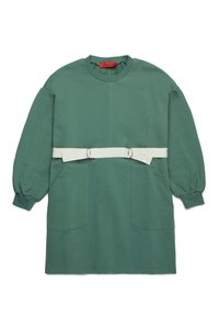 Grøn sweatshirtkjole med rund halsudskæring, lange puffærmer, to frontlommer og et kontrastfarvet hvidt bælte i taljen. Glat tekstur.