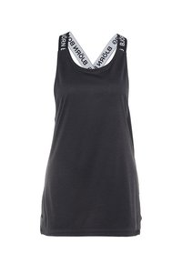 Czarny bezrękawnik z białymi elastycznymi paskami skrzyżowanymi na plecach, z czarnym napisem "BJÖRN BORG" na białym tle.