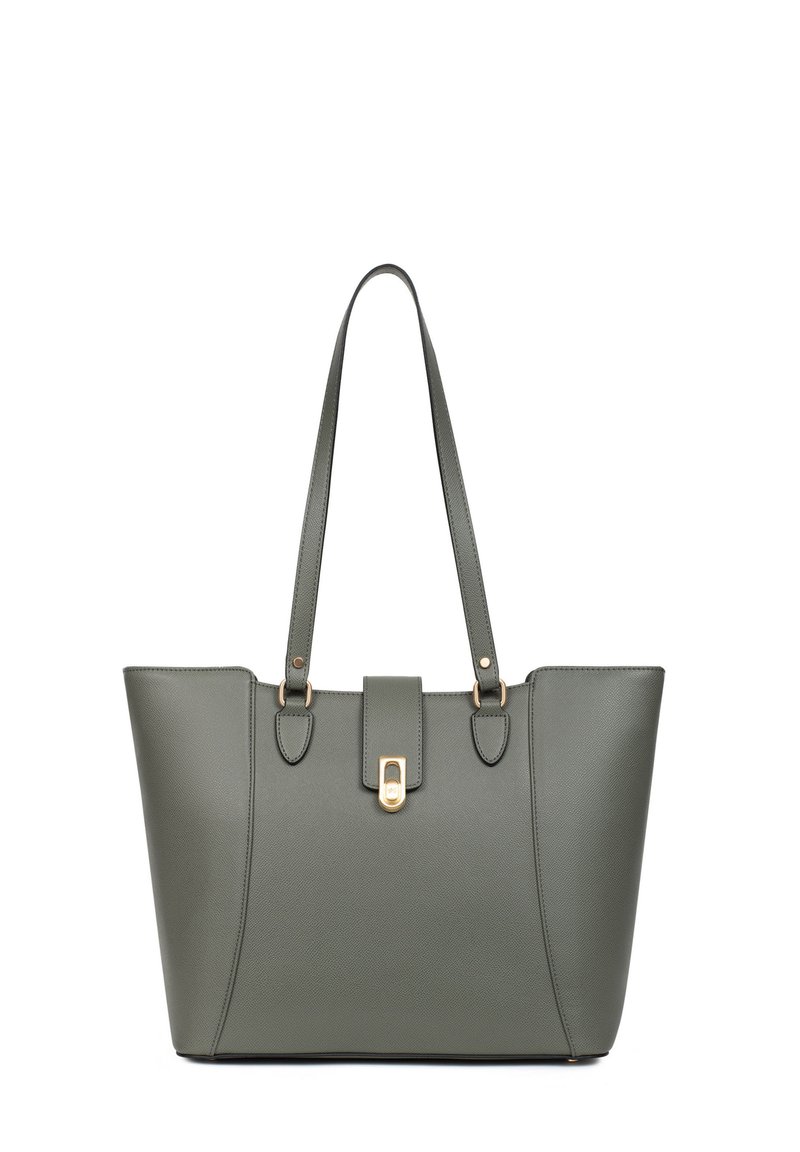 Borsa a tracolla sintetica verde oliva con due manici superiori, forma rettangolare e chiusura in metallo dorato. Texture liscia con cuciture a contrasto.
