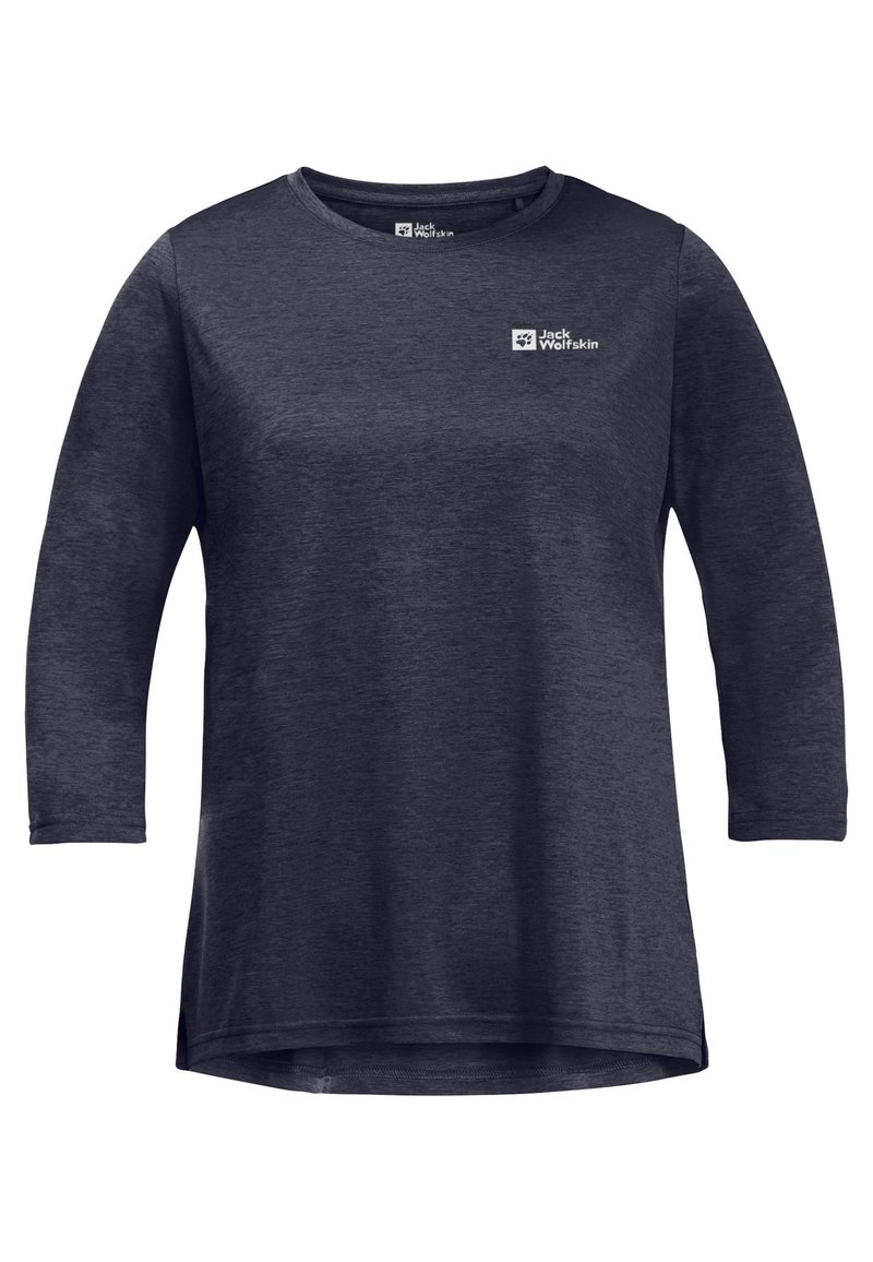Camicia a maniche lunghe in tessuto grigio scuro con una texture liscia. Presenta un colletto rotondo e un piccolo logo del marchio sul petto.