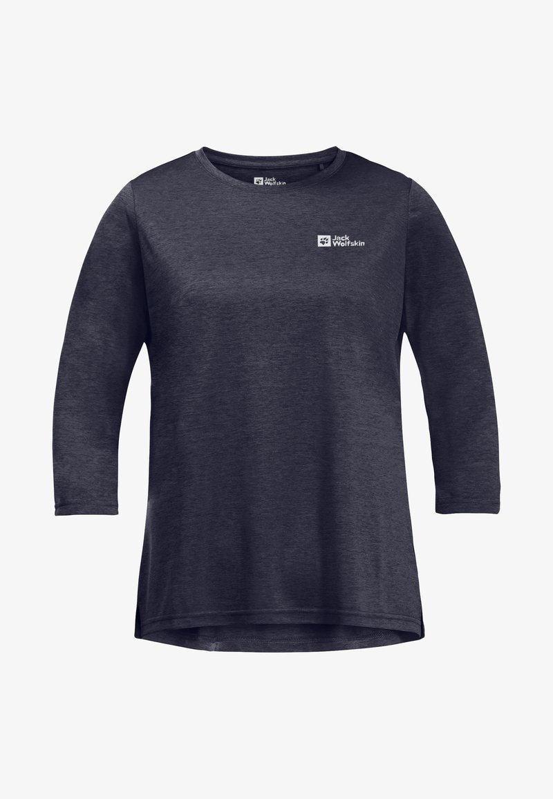 Langärmliges Hemd aus dunkelgrauem Stoff mit glatter Textur. Verfügt über einen runden Halsausschnitt und ein kleines Markenlogo auf der Brust.