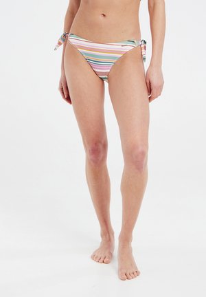 Wielokolorowe majtki bikini w paski, z bocznymi wiązaniami do regulacji. Wykonane z gładkiego, elastycznego materiału.