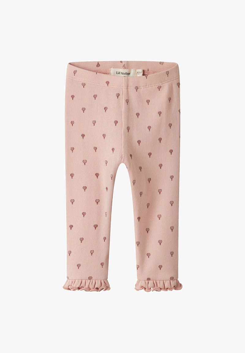 Rožnate rebraste leggins hruškaste oblike z majhnimi balončkovimi vzorci, ki imajo naborke ob robovih na gležnjih in mehak, elastičen pas.