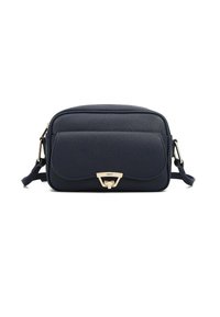 Borsa a tracolla in pelle blu con finitura testurizzata, hardware in tonalità dorata, tasca con pattina e tracolla regolabile per un trasporto versatile.