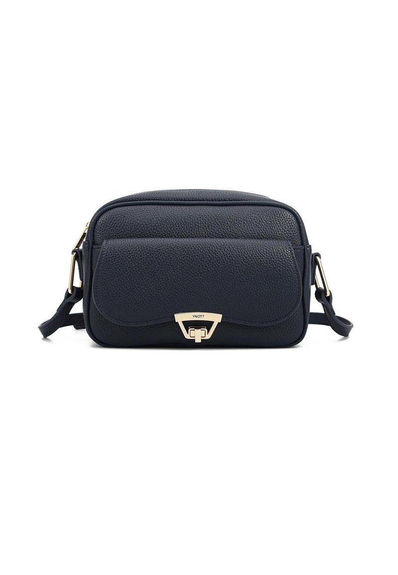 Borsa a tracolla in pelle blu con finitura testurizzata, hardware in tonalità dorata, tasca con pattina e tracolla regolabile per un trasporto versatile.