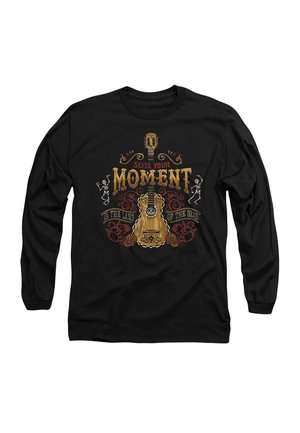 Black long-sleeve shirt featuring a central graphic of a guitar, decorative skeletons, and text in gold and red, with intricate designs.