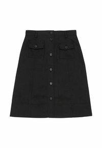 Jupes noire au design droit, avec un devant à boutons, deux poches à rabat et une texture de tissu lisse.
