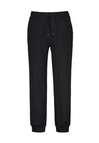 Pantalones de chándal negros hechos de una tela suave, con una cinturilla elástica con cordón, y puños acanalados en los tobillos.
