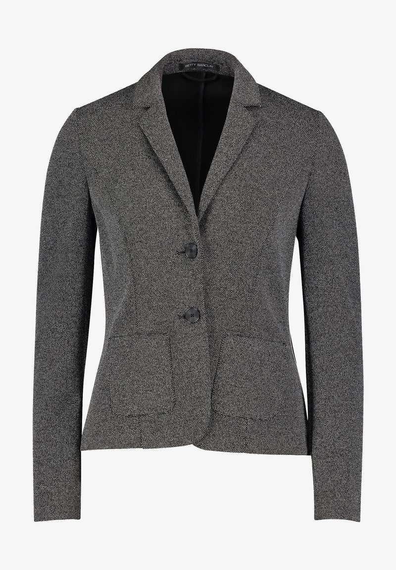 Veste tailleur grise texturée pour femme, avec revers à crans, deux boutons et poches plaquées devant.