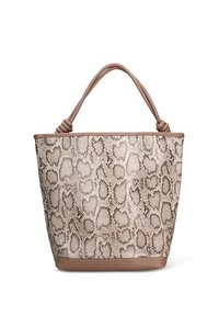 Borsa tote con stampa leopardata, dettagli in similpelle colore taupe e manici annodati. Presenta una forma strutturata e una superficie testurizzata.