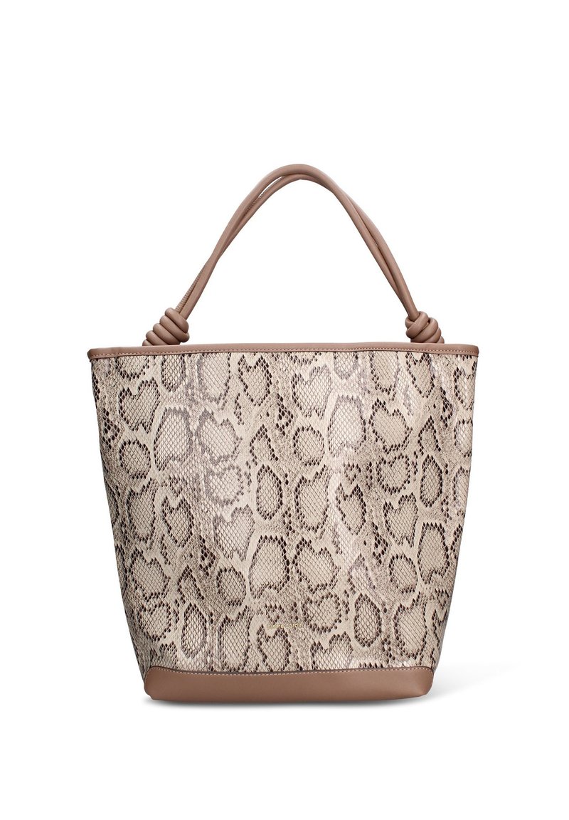 Borsa tote con stampa leopardata, dettagli in similpelle colore taupe e manici annodati. Presenta una forma strutturata e una superficie testurizzata.