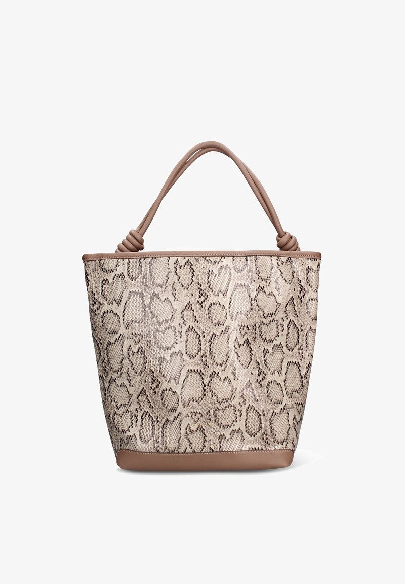 Borsa tote con stampa leopardata, dettagli in similpelle colore taupe e manici annodati. Presenta una forma strutturata e una superficie testurizzata.