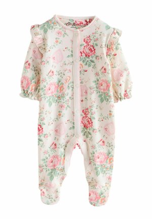 Baby onesie with pink and red floral print, ruffled shoulders, snap buttons down front, and footed legs on a cream background.