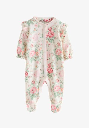 Beebikombe roosade ja punaste lillemustritega, rööruliste õlgadega, ees olevate trukknappidega ja jalgal osaga, kreemikal taustal.