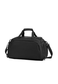 Borsa a duffel nera realizzata in tessuto resistente, dotata di due manici, tracolla regolabile, tasca frontale con zip e dettagli del logo discreti.