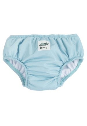 Pannolino da nuoto azzurro chiaro con bordi elastici arricciati, morbida fodera interna e piccolo logo di una tartaruga su una toppa. Realizzato in materiale liscio ed elastico.