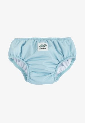 Couche de bain bleu clair avec bords élastiqués froncés, doublure intérieure douce et petit logo tortue sur un écusson. Fabriquée en matériau lisse et extensible.