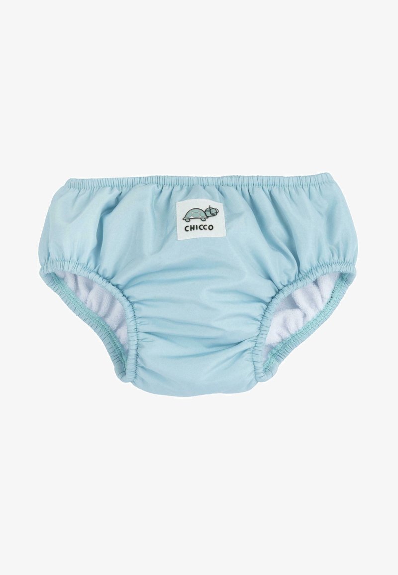 Couche de bain bleu clair avec bords élastiqués froncés, doublure intérieure douce et petit logo tortue sur un écusson. Fabriquée en matériau lisse et extensible.