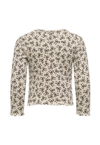 Beżowa bluzka z długim rękawem, prążkowana, z brązowymi wzorami w kokardki, okrągły dekolt oraz falbany na rękawach i dolnym brzegu.