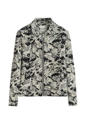 Veste zippée à motif abstrait noir et blanc avec col et manches longues de la marque FRILIVIN, taille moyenne.